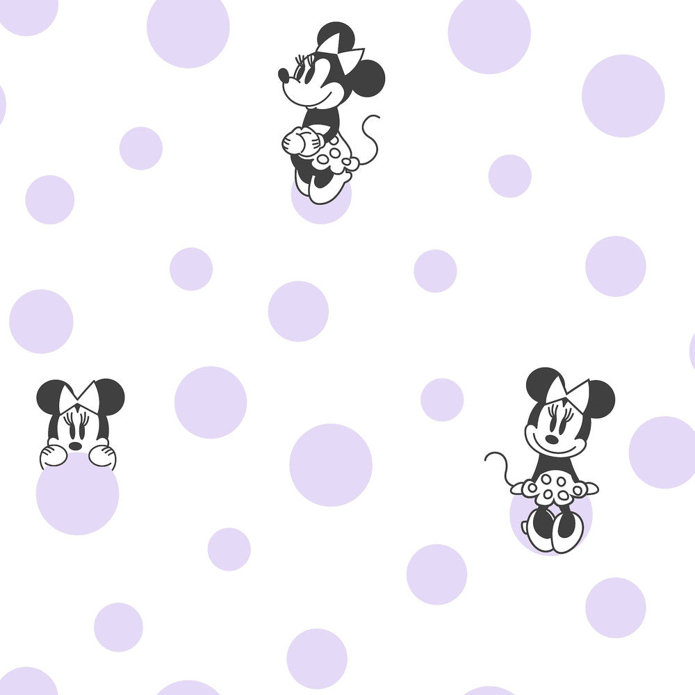 Disney Minnie Mouse Dots Purple Wallpaper by York Wallcoverings Designer Disney Kids Vol. 4 Covers about 56.4 square feet 20.5-in by 33-ft long roll Unpasted 20.5 - Swanky Fabrics -