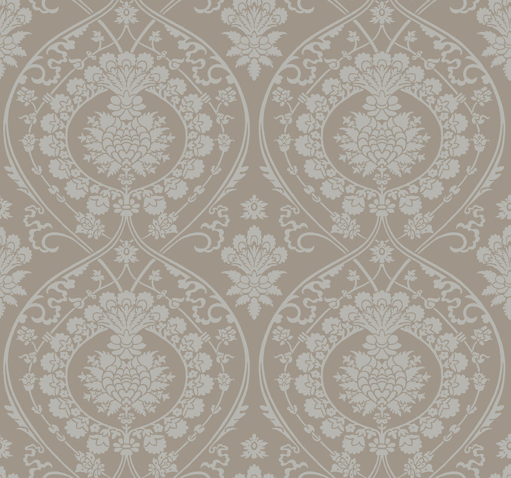 Imperial Damask Beige & Silver Wallpaper by York Wallcoverings Designer Damask Resource Library Covers about 60.8 square feet 27-in by 27-ft long roll Unpasted 12.6 - Swanky Fabrics -