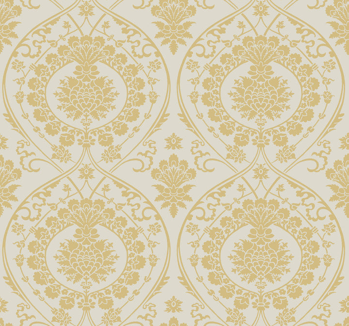 Imperial Damask Off White & Gold Wallpaper by York Wallcoverings Designer Damask Resource Library Covers about 60.8 square feet 27-in by 27-ft long roll Unpasted 12.6 - Swanky Fabrics -