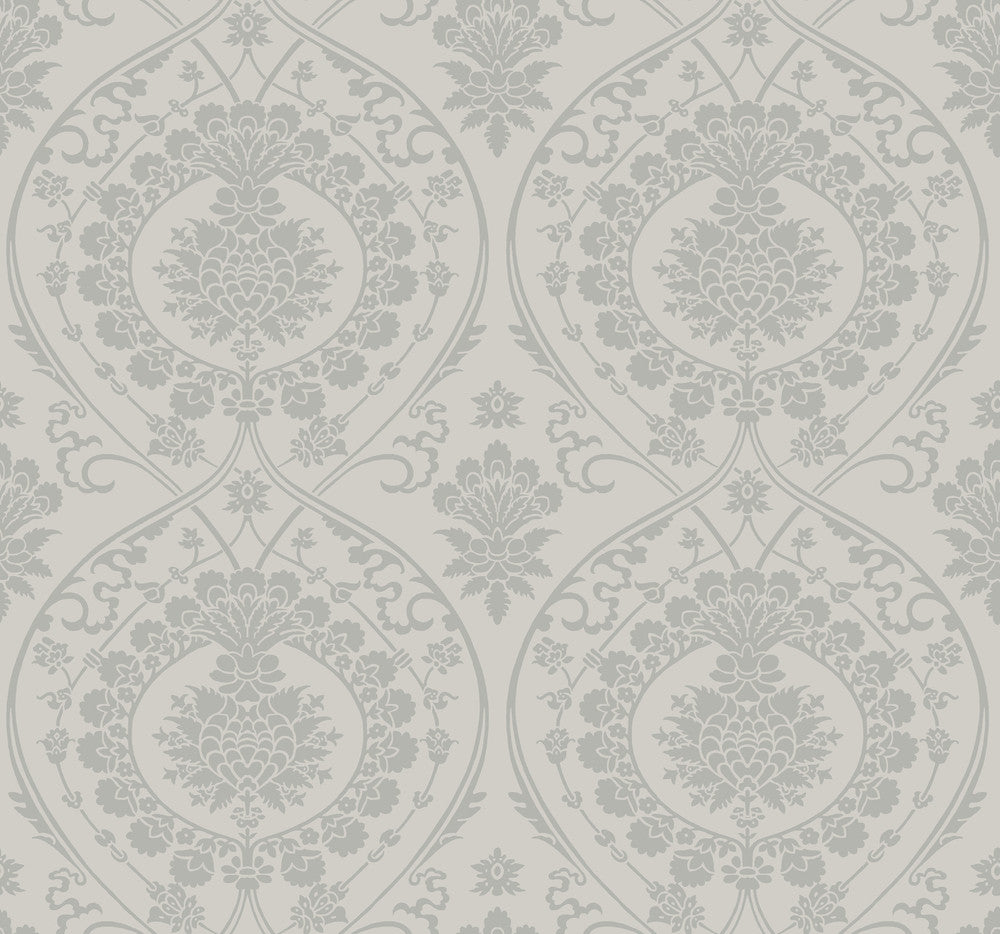 Imperial Damask Grey & Silver Wallpaper by York Wallcoverings Designer Damask Resource Library Covers about 60.8 square feet 27-in by 27-ft long roll Unpasted 12.6 - Swanky Fabrics -