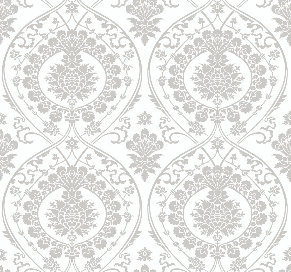 Imperial Damask White & Silver Wallpaper by York Wallcoverings Designer Shimmering Finishes Covers about 60.8 square feet 27-in by 27-ft long roll Unpasted 12.6 - Swanky Fabrics -