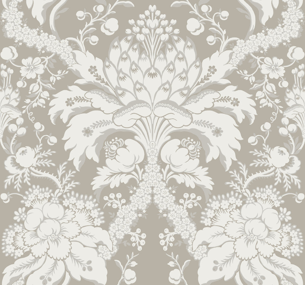 French Artichoke Dam Beige Wallpaper by York Wallcoverings Designer Damask Resource Library Covers about 60.8 square feet 27-in by 27-ft long roll Prepasted 25.25 - Swanky Fabrics -