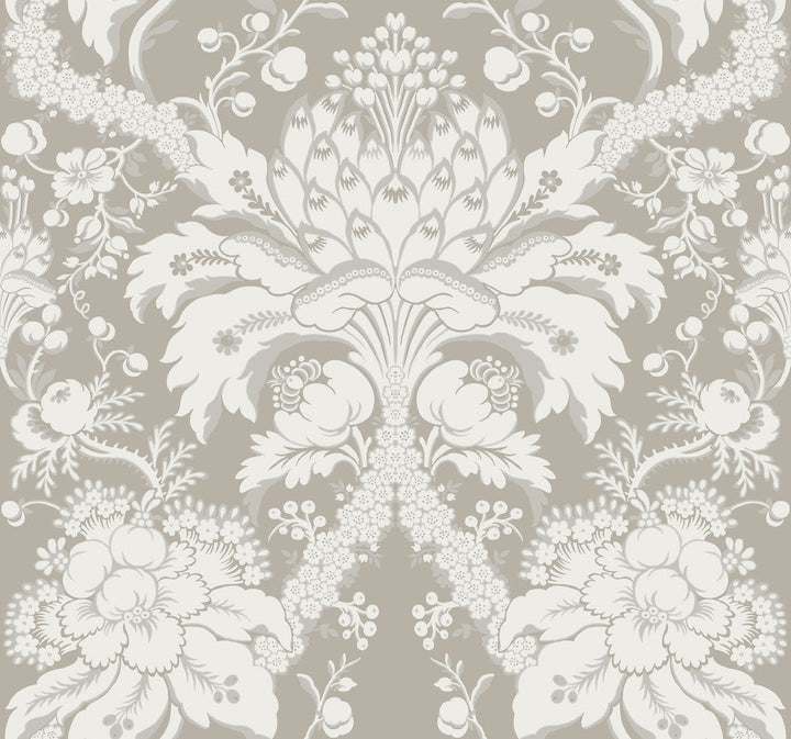 French Artichoke Dam Beige Wallpaper by York Wallcoverings Designer Damask Resource Library Covers about 60.8 square feet 27-in by 27-ft long roll Prepasted 25.25 - Swanky Fabrics -