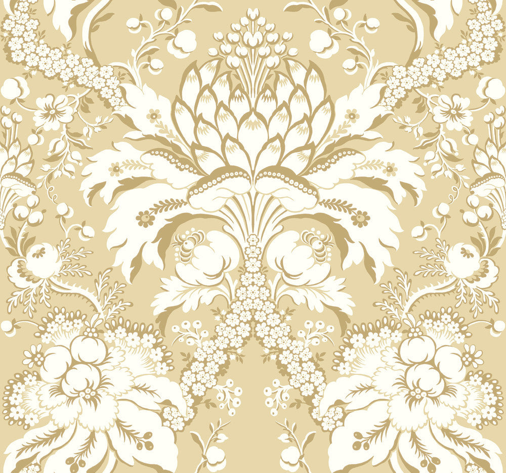 French Artichoke Dam Yellow Wallpaper by York Wallcoverings Designer Damask Resource Library Covers about 60.8 square feet 27-in by 27-ft long roll Prepasted 25.25 - Swanky Fabrics -