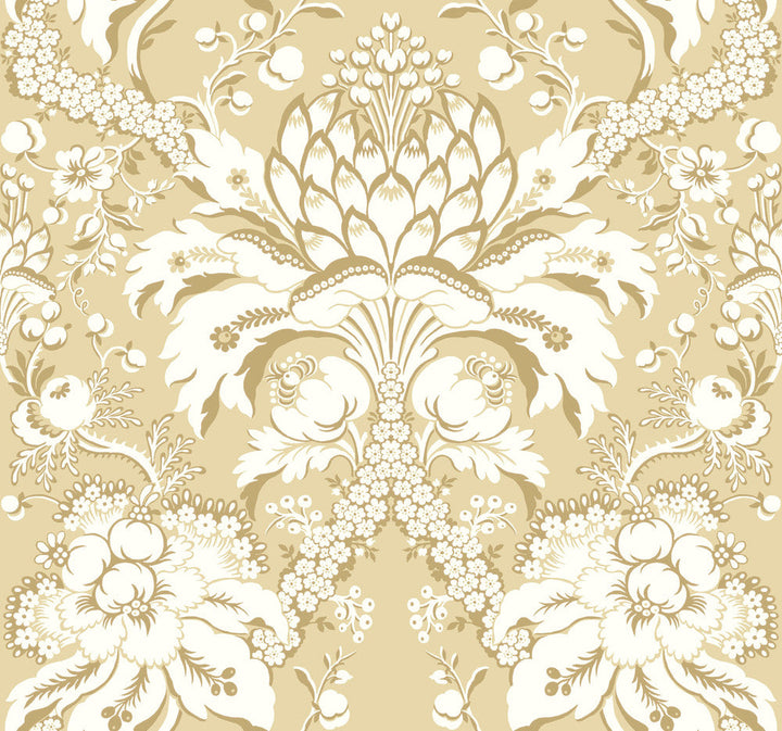 French Artichoke Dam Yellow Wallpaper by York Wallcoverings Designer Damask Resource Library Covers about 60.8 square feet 27-in by 27-ft long roll Prepasted 25.25 - Swanky Fabrics -