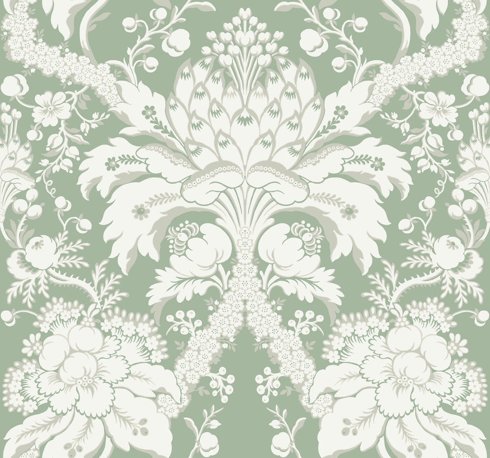 French Artichoke Dam Green Wallpaper by York Wallcoverings Designer Damask Resource Library Covers about 60.8 square feet 27-in by 27-ft long roll Prepasted 25.25 - Swanky Fabrics -