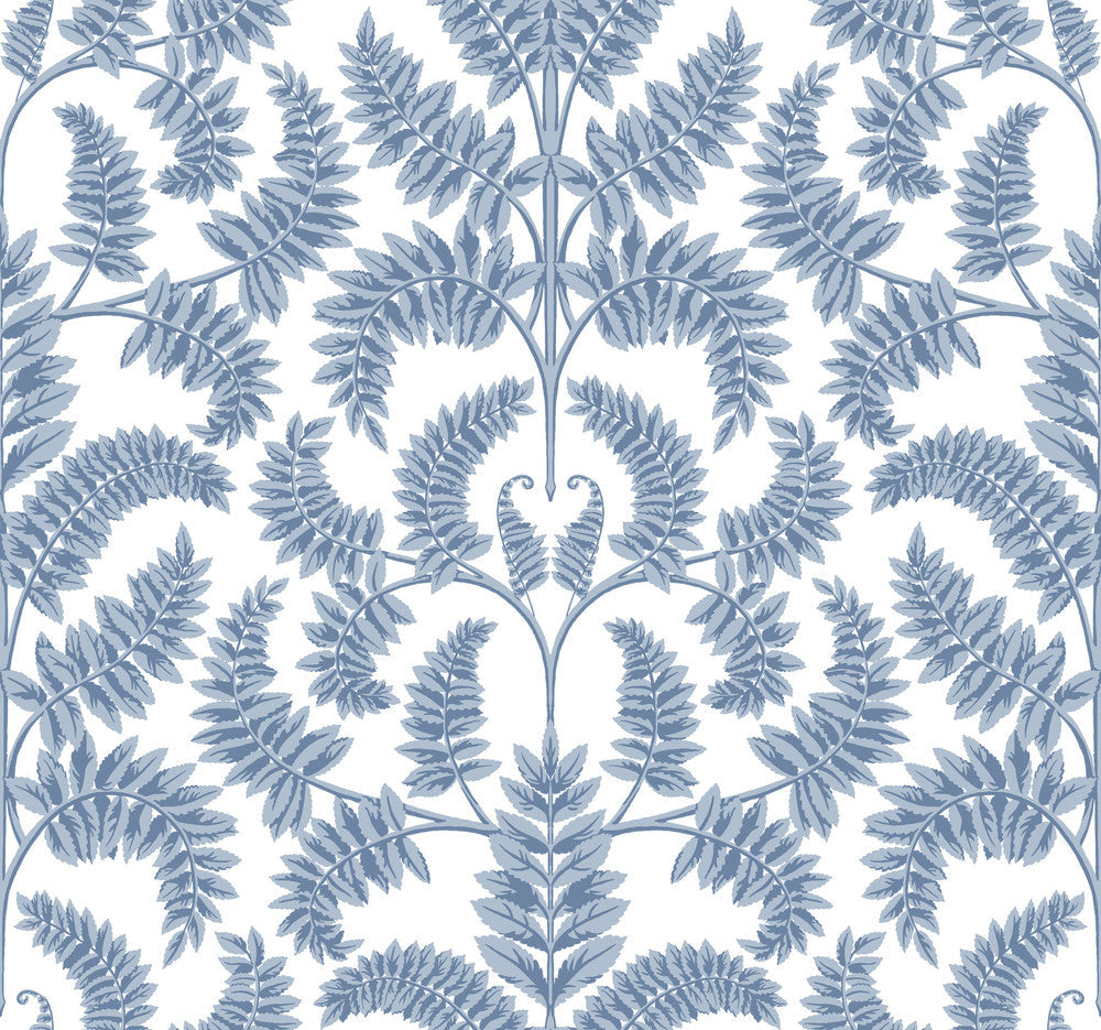 Royal Fern Damask Blue Wallpaper by York Wallcoverings Designer Damask Resource Library Covers about 60.8 square feet 27-in by 27-ft long roll Prepasted 25.25 - Swanky Fabrics -