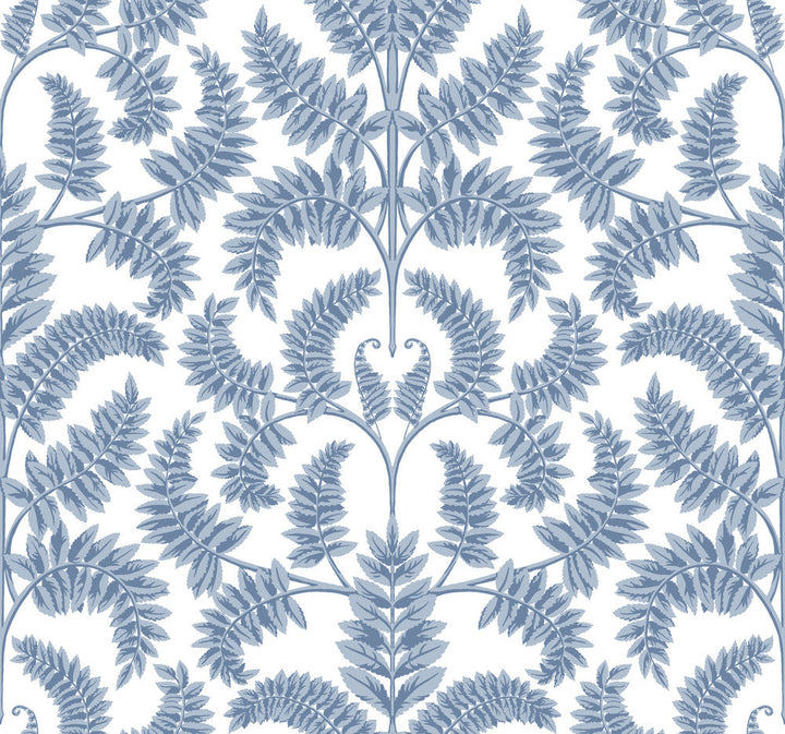 Royal Fern Damask Blue Wallpaper by York Wallcoverings Designer Damask Resource Library Covers about 60.8 square feet 27-in by 27-ft long roll Prepasted 25.25 - Swanky Fabrics -