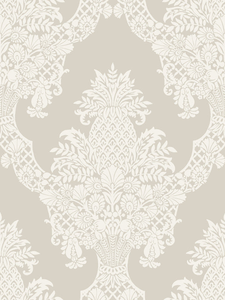 Pineapple Plantation Taupe Wallpaper by York Wallcoverings Designer Damask Resource Library Covers about 60.8 square feet 27-in by 27-ft long roll Prepasted 36 - Swanky Fabrics -