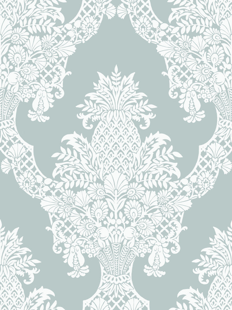 Pineapple Plantation Blue Wallpaper by York Wallcoverings Designer Damask Resource Library Covers about 60.8 square feet 27-in by 27-ft long roll Prepasted 36 - Swanky Fabrics -