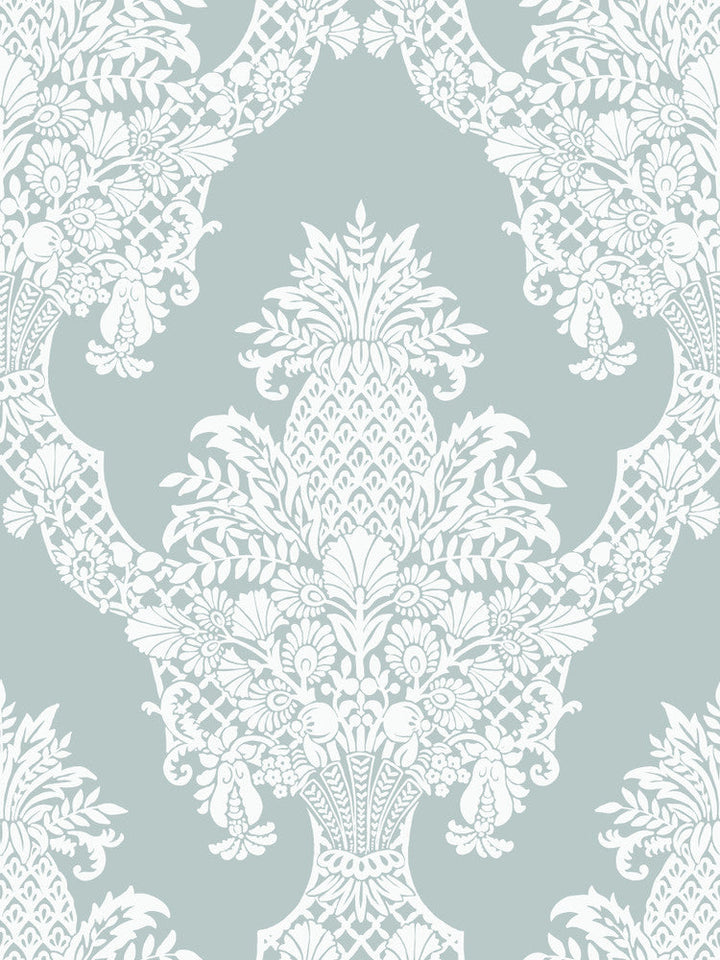 Pineapple Plantation Blue Wallpaper by York Wallcoverings Designer Damask Resource Library Covers about 60.8 square feet 27-in by 27-ft long roll Prepasted 36 - Swanky Fabrics -