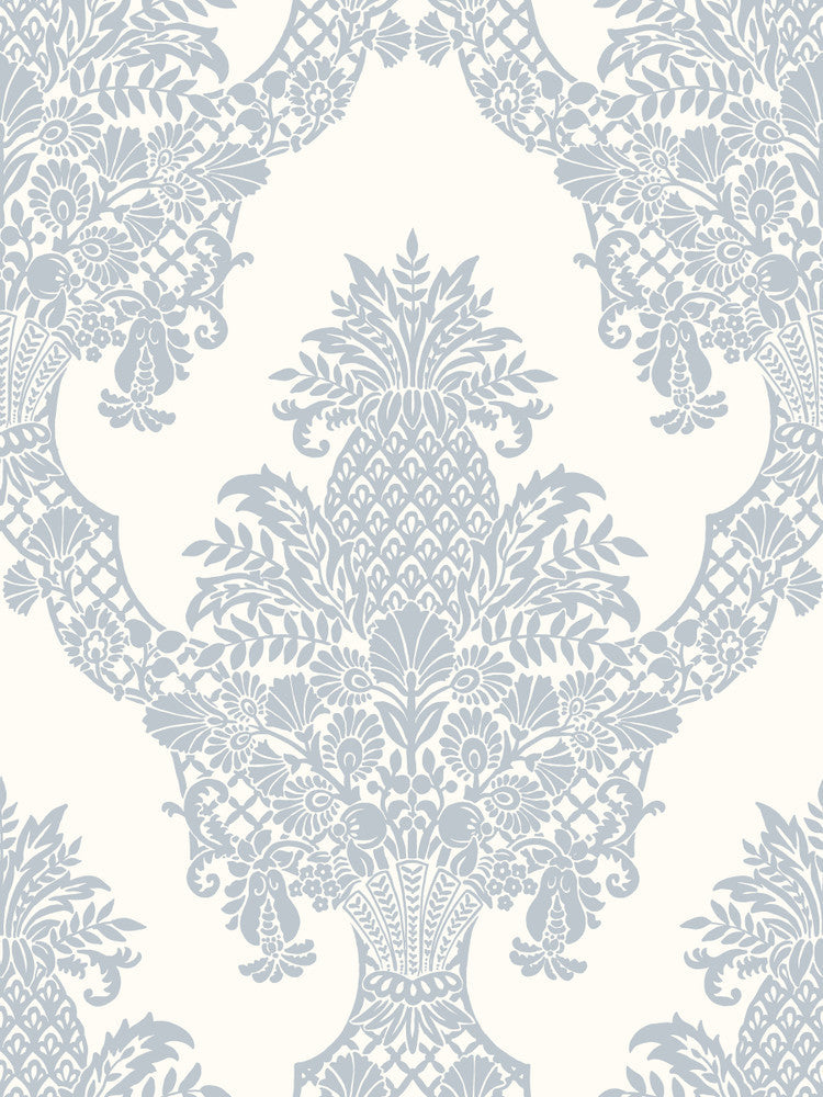 Pineapple Plantation Periwinkle & White Wallpaper by York Wallcoverings Designer Damask Resource Library Covers about 60.8 square feet 27-in by 27-ft long roll Prepasted 36 - Swanky Fabrics -