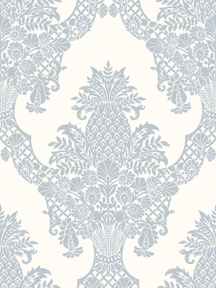Pineapple Plantation Periwinkle & White Wallpaper by York Wallcoverings Designer Damask Resource Library Covers about 60.8 square feet 27-in by 27-ft long roll Prepasted 36 - Swanky Fabrics -