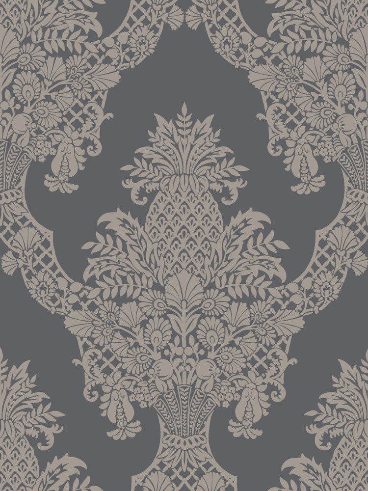 Pineapple Plantation Grey Wallpaper by York Wallcoverings Designer Damask Resource Library Covers about 60.8 square feet 27-in by 27-ft long roll Prepasted 36 - Swanky Fabrics -