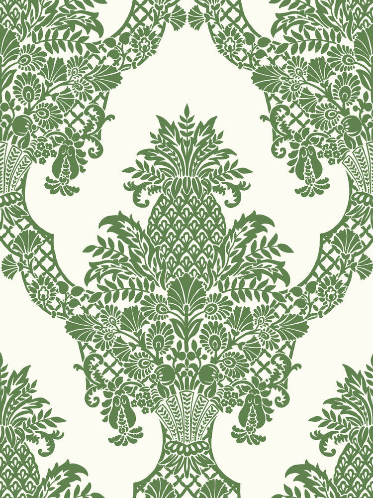 Pineapple Plantation Green & White Wallpaper by York Wallcoverings Designer Damask Resource Library Covers about 60.8 square feet 27-in by 27-ft long roll Prepasted 36 - Swanky Fabrics -