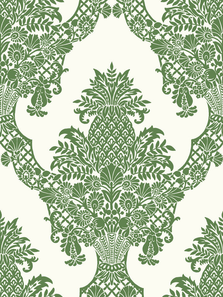 Pineapple Plantation Green & White Wallpaper by York Wallcoverings Designer Damask Resource Library Covers about 60.8 square feet 27-in by 27-ft long roll Prepasted 36 - Swanky Fabrics -