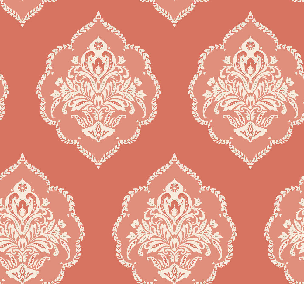 Signet Medallion Damask Coral Wallpaper by York Wallcoverings Designer Damask Resource Library Covers about 60.8 square feet 27-in by 27-ft long roll Prepasted 25.25 - Swanky Fabrics -