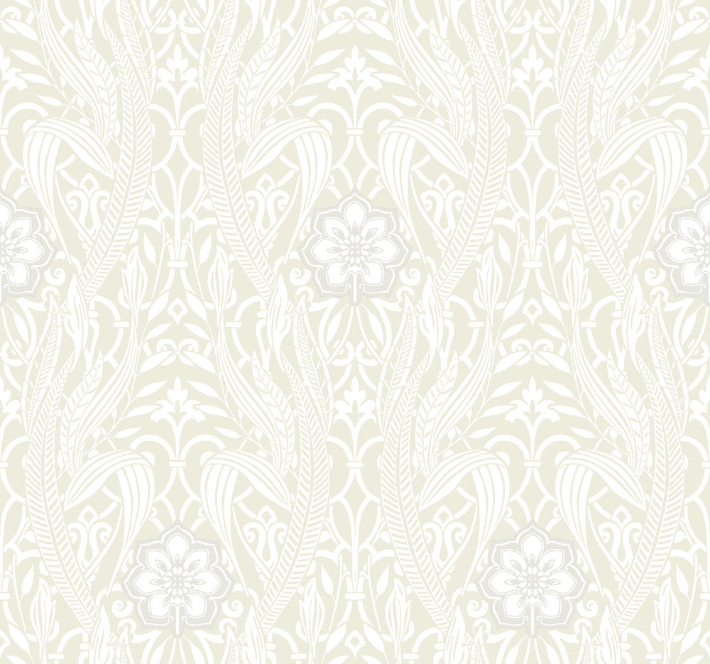 Gatsby Damask Beige Wallpaper by York Wallcoverings Designer Damask Resource Library Covers about 60.8 square feet 27-in by 27-ft long roll Prepasted 25.25 - Swanky Fabrics -