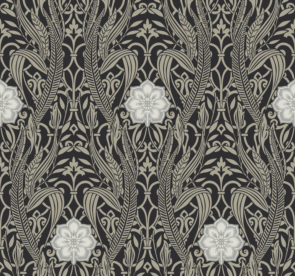 Gatsby Damask Black Wallpaper by York Wallcoverings Designer Damask Resource Library Covers about 60.8 square feet 27-in by 27-ft long roll Prepasted 25.25 - Swanky Fabrics -