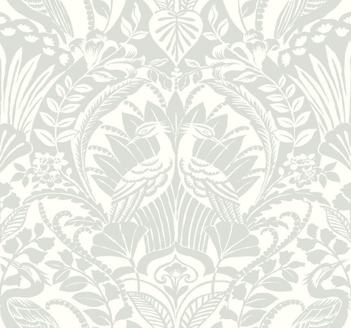 Egret Damask Green Wallpaper by York Wallcoverings Designer Damask Resource Library Covers about 60.8 square feet 27-in by 27-ft long roll Prepasted 25.25 - Swanky Fabrics -