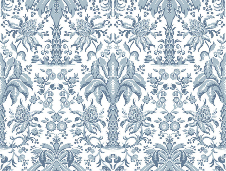 Palmetto Palm Damask Blue Wallpaper by York Wallcoverings Designer Damask Resource Library Covers about 60.8 square feet 27-in by 27-ft long roll Unpasted 20.5 - Swanky Fabrics -