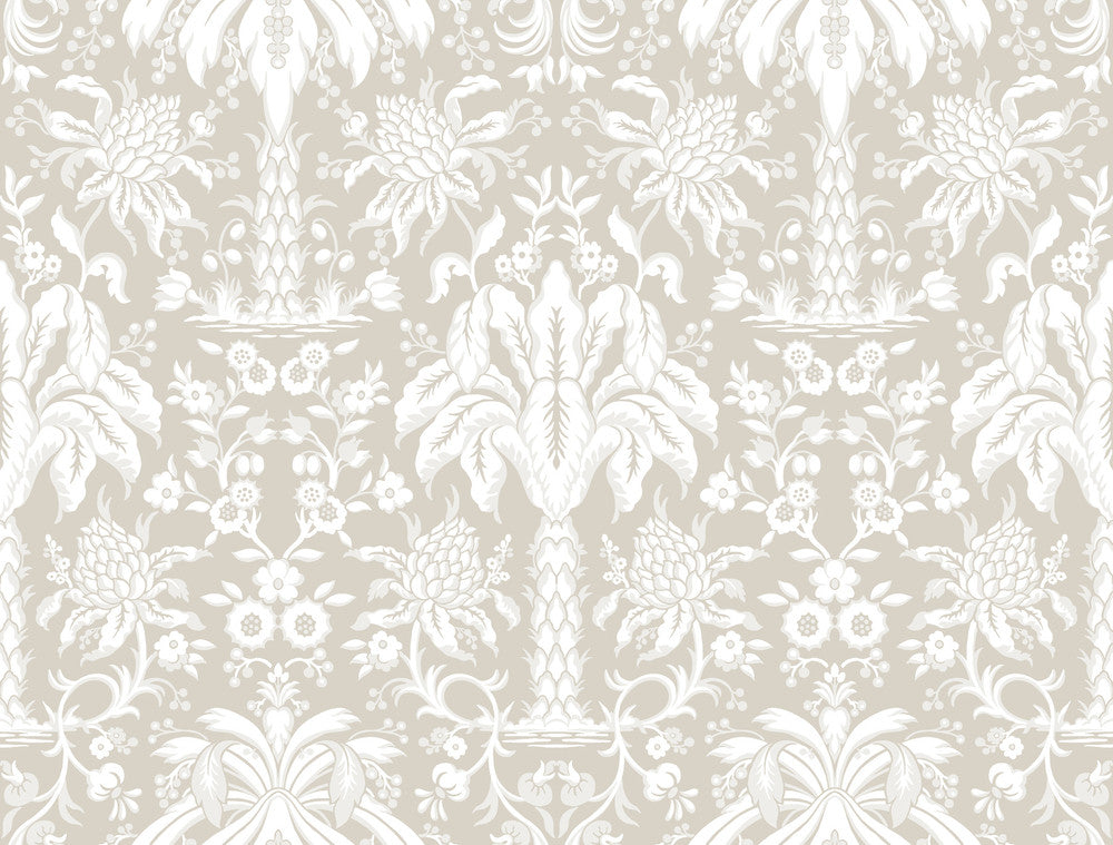 Palmetto Palm Damask Beige Wallpaper by York Wallcoverings Designer Damask Resource Library Covers about 60.8 square feet 27-in by 27-ft long roll Unpasted 20.5 - Swanky Fabrics -