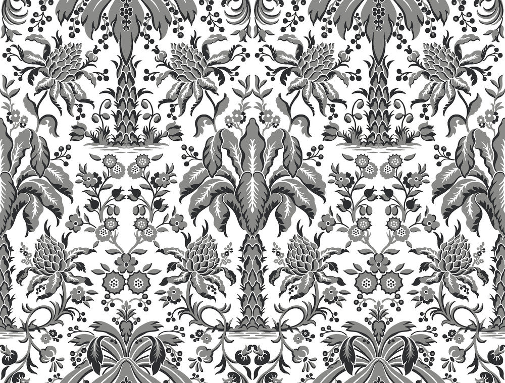 Palmetto Palm Damask Black Wallpaper by York Wallcoverings Designer Damask Resource Library Covers about 60.8 square feet 27-in by 27-ft long roll Unpasted 20.5 - Swanky Fabrics -