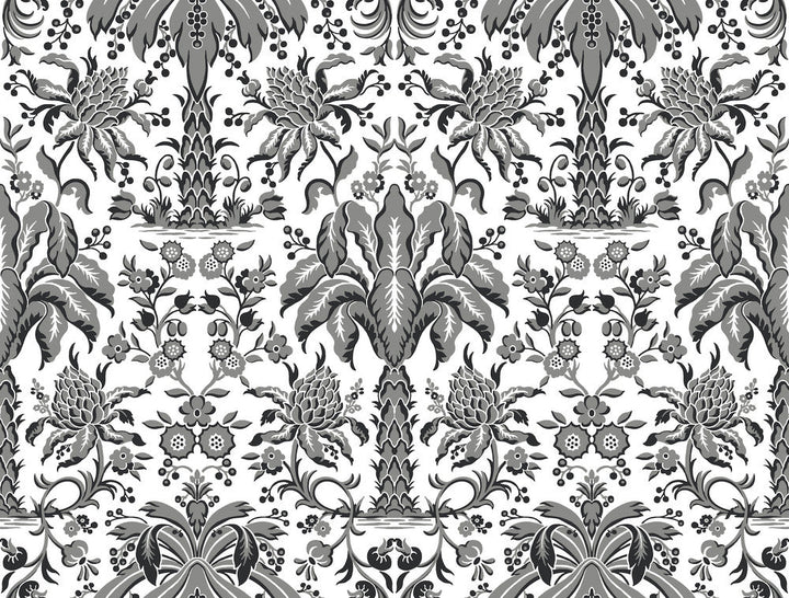 Palmetto Palm Damask Black Wallpaper by York Wallcoverings Designer Damask Resource Library Covers about 60.8 square feet 27-in by 27-ft long roll Unpasted 20.5 - Swanky Fabrics -