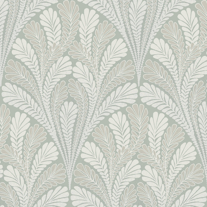 Shell Damask Green Wallpaper by York Wallcoverings Designer Damask Resource Library Covers about 56.4 square feet 20.5-in by 33-ft long roll Prepasted 20.5 - Swanky Fabrics -
