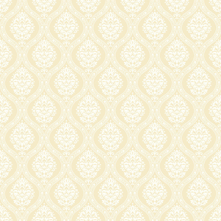 Petite Ogee Yellow Wallpaper by York Wallcoverings Designer Damask Resource Library Covers about 56.4 square feet 20.5-in by 33-ft long roll Prepasted 20.5 - Swanky Fabrics -