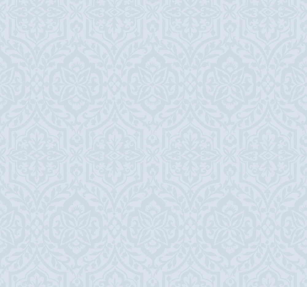 Cathedral Damask Blue Wallpaper by York Wallcoverings Designer Damask Resource Library Covers about 60.8 square feet 27-in by 27-ft long roll Prepasted 25.25 - Swanky Fabrics -