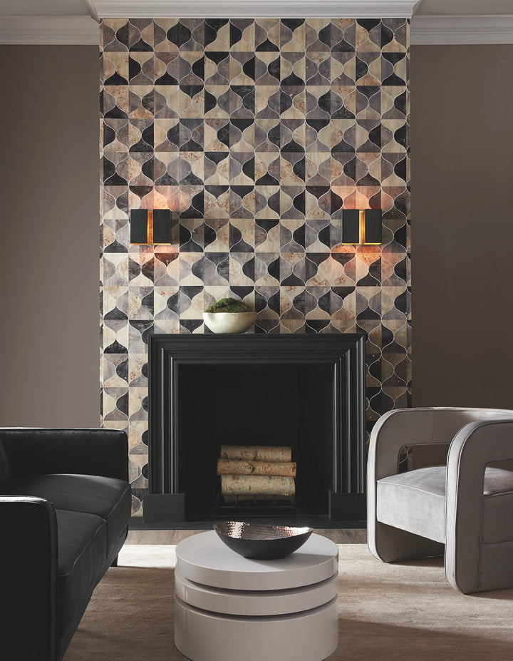 Burlwood Ogee Black & Taupe Wallpaper by Candice Olson Designer