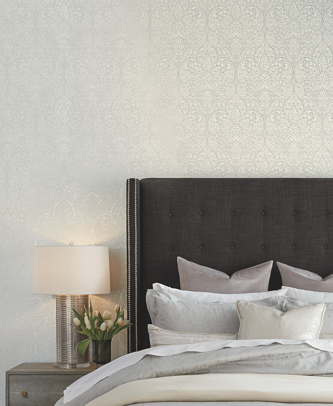 Paradise Bright White & Silver Wallpaper by Candice Olson Designer