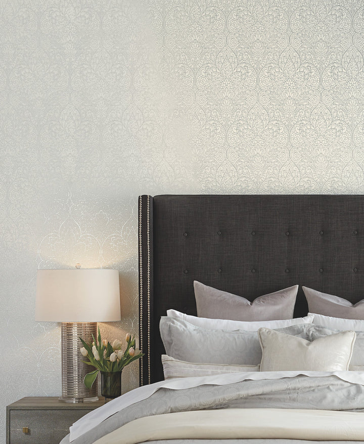 Paradise Bright White & Silver Wallpaper by Candice Olson Designer