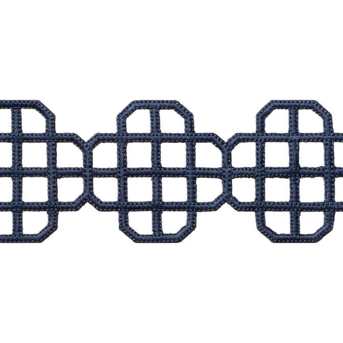 Fret Applique Navy E12269 by Thibaut Fabric Thibaut Fabric Fret Applique Navy E12269Fabric Tapes & Trims Volume 3 100% Polyester INDIA </p><p>Repeat: V: 3.25 3.5 - Fabric Carolina -