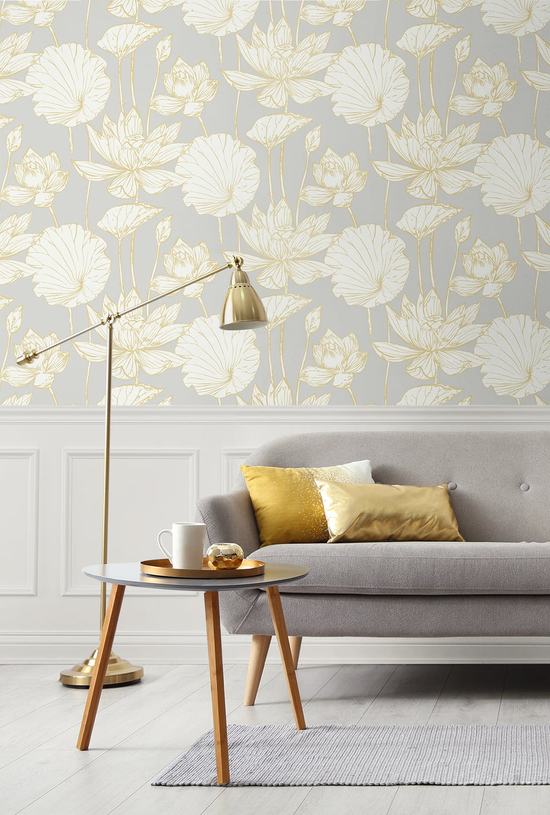 Water Lily Floral Metallic Gold & Grey ET10906 by Etten Studios Designer Wallpaper