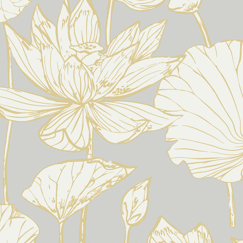 Water Lily Floral Metallic Gold & Grey ET10906 by Etten Studios Designer Wallpaper