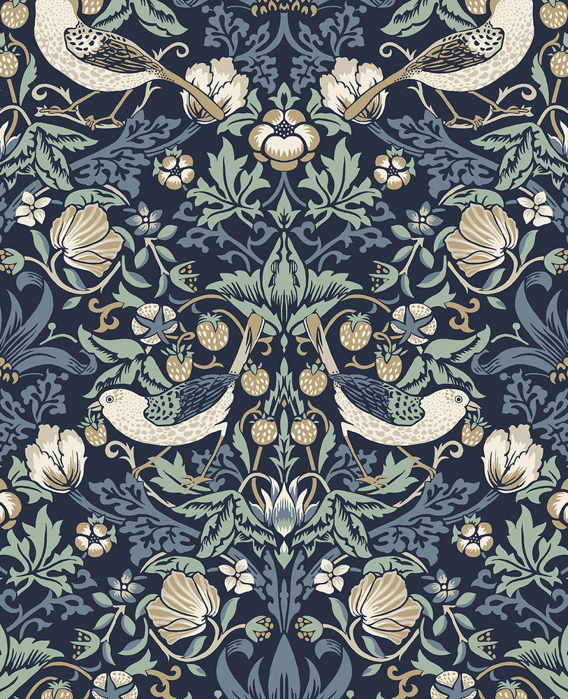 Fragaria Garden Navy Blue & Aloe ET11212 by Etten Studios Designer Wallpaper
