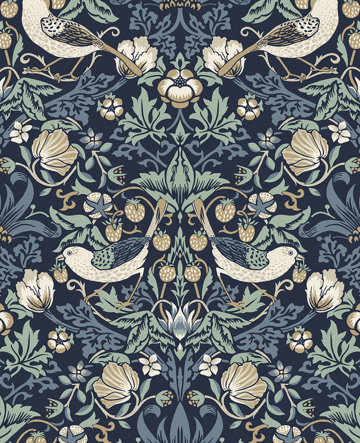 Fragaria Garden Navy Blue & Aloe ET11212 by Etten Studios Designer Wallpaper