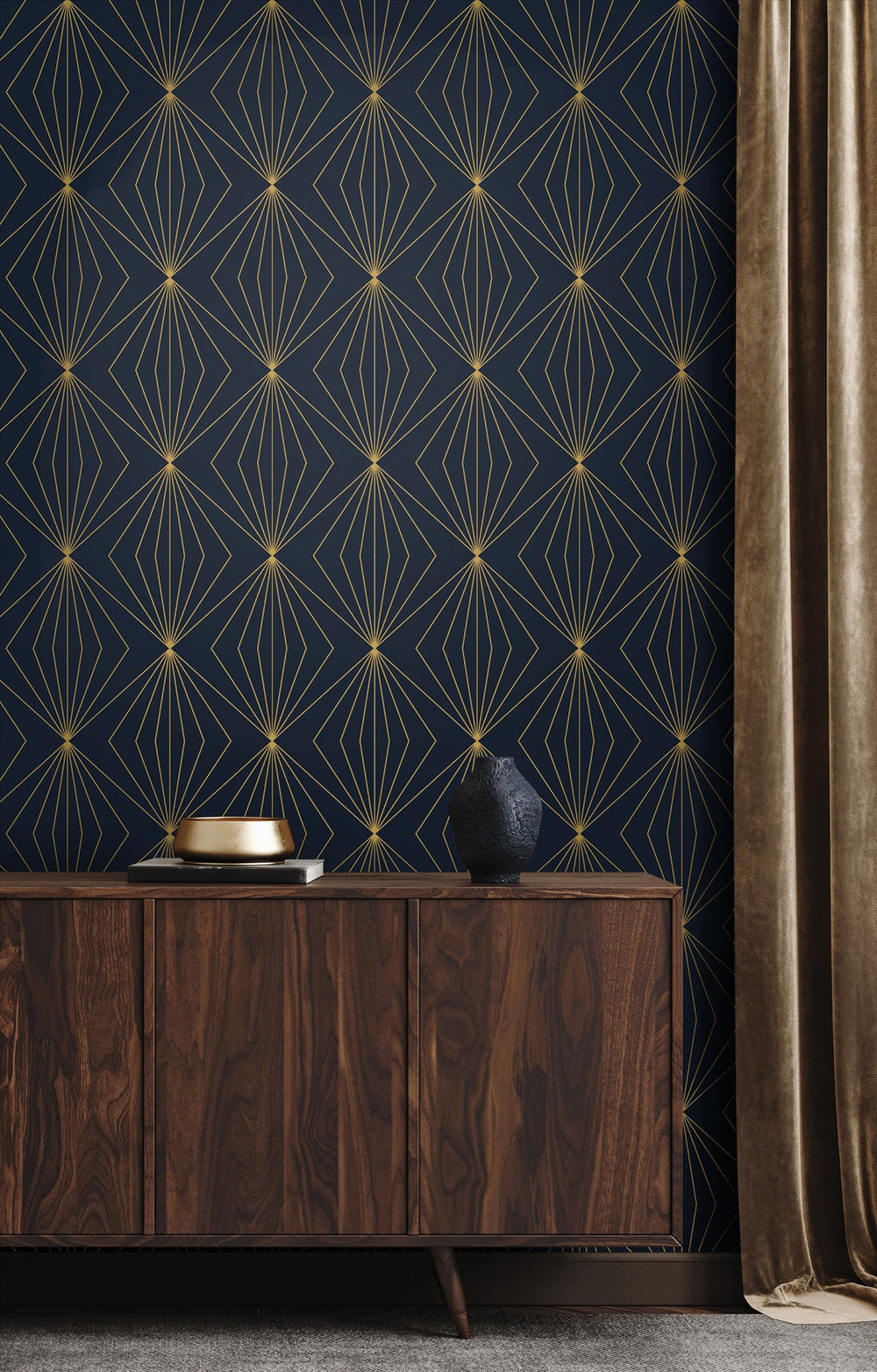 Diamond Vector Navy Blue & Metallic Gold ET11502 by Etten Studios Designer Wallpaper