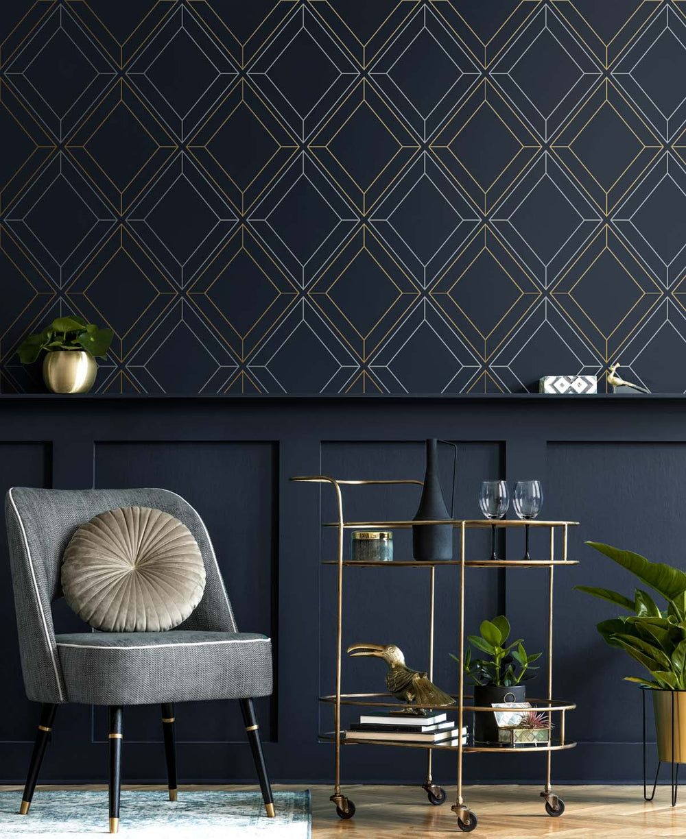 Linework Gem Midnight Blue & Metallic Gold ET11602 by Etten Studios Designer Wallpaper