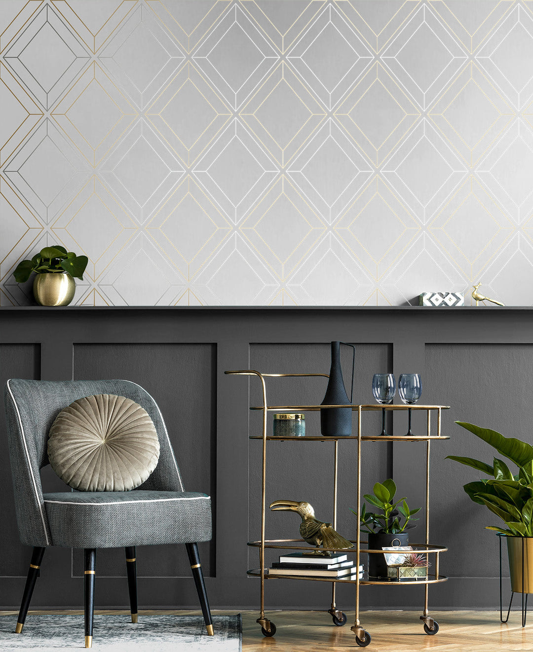 Linework Gem Metallic Silver & Gold ET11608 by Etten Studios Designer Wallpaper