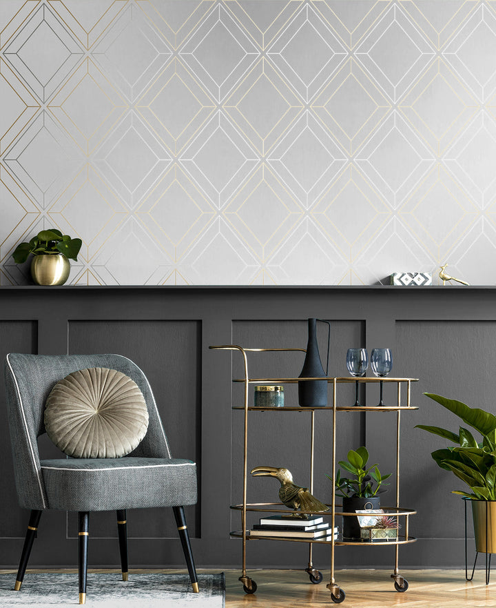 Linework Gem Metallic Silver & Gold ET11608 by Etten Studios Designer Wallpaper