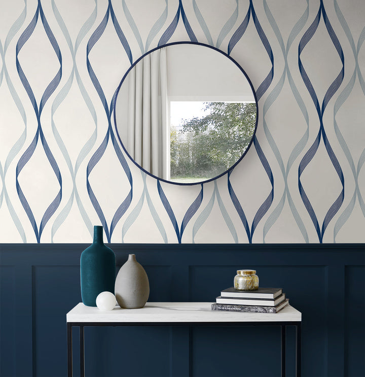 Wave Ogee Celtic Blue & Dewdrop ET11802 by Etten Studios Designer Wallpaper