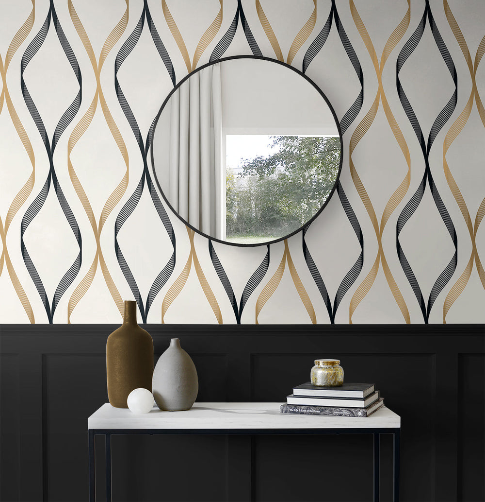 Wave Ogee Metallic Gold & Ebony ET11806 by Etten Studios Designer Wallpaper