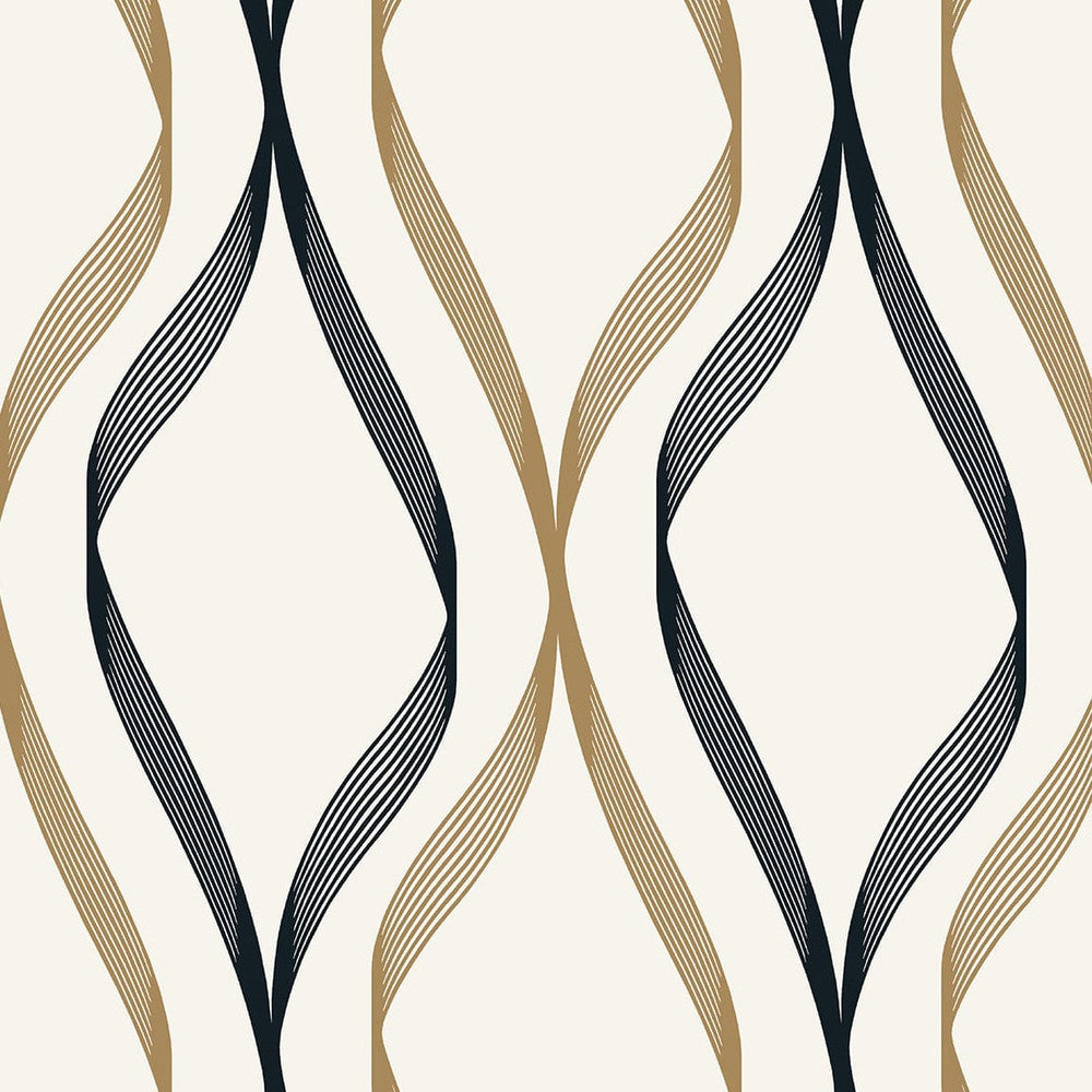 Wave Ogee Metallic Gold & Ebony ET11806 by Etten Studios Designer Wallpaper