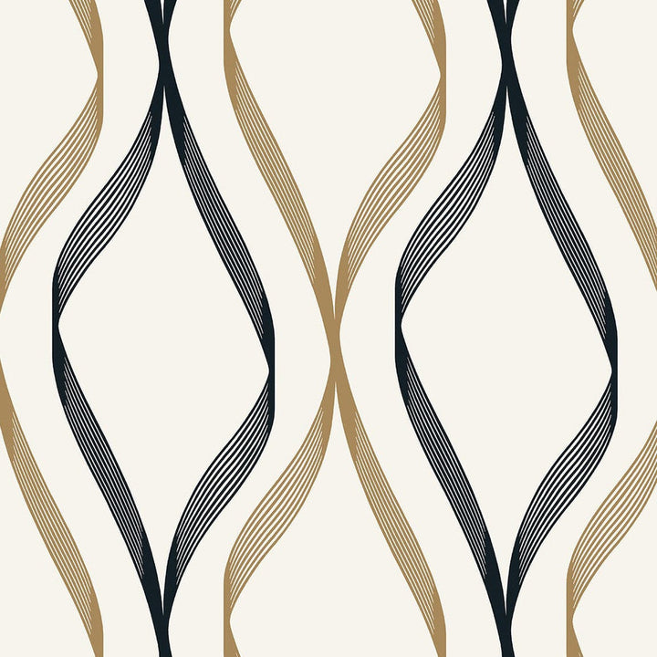 Wave Ogee Metallic Gold & Ebony ET11806 by Etten Studios Designer Wallpaper