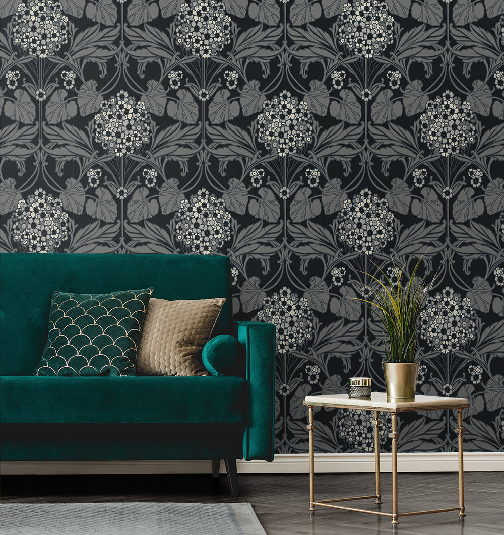 Floral Hydrangea Ebony & Charcoal ET12120 by Etten Studios Designer Wallpaper