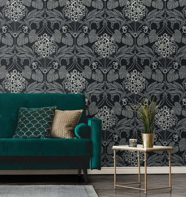 Floral Hydrangea Ebony & Charcoal ET12120 by Etten Studios Designer Wallpaper
