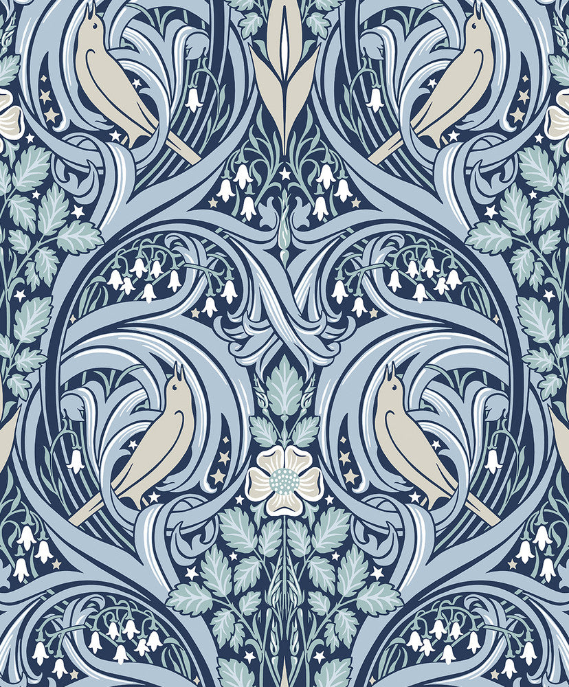 Bird Scroll Denim & Blue Mist ET12202 by Etten Studios Designer Wallpaper